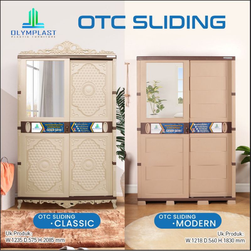 OTC SLIDING OLYMPLAST - Lemari Pakaian Sliding Olymplast Modern Classic KACA + KUNCI | Rak Baju 2 Pi