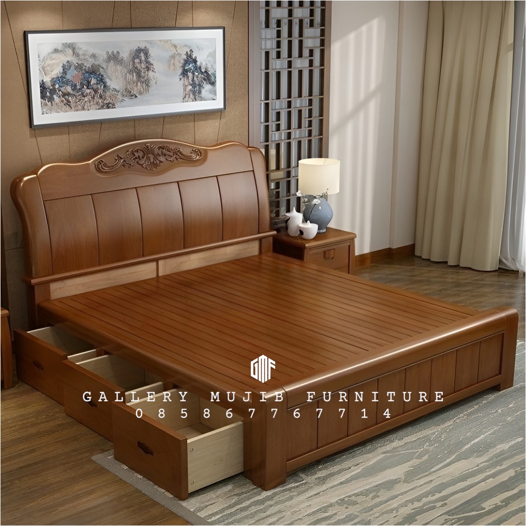 dipan ranjang tempat tidur minimalis kayu jati tua ukir jepara 180x200