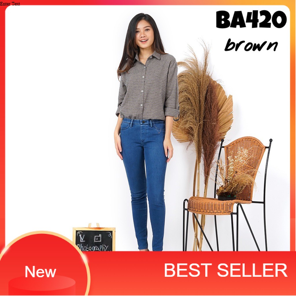 Baju atasan kemeja flanel motif kotak2 lengan panjang kerja fashion cewek wanita murah -420/distro b
