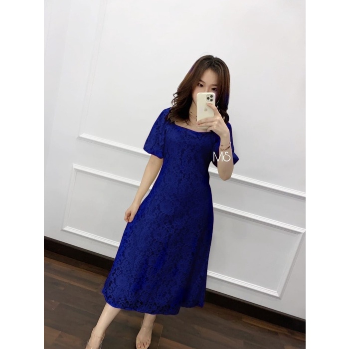 Midi Dress Wanita Baju Kondangan Pesta Dres Brukat Gaun Remaja Brokat - Navy, M