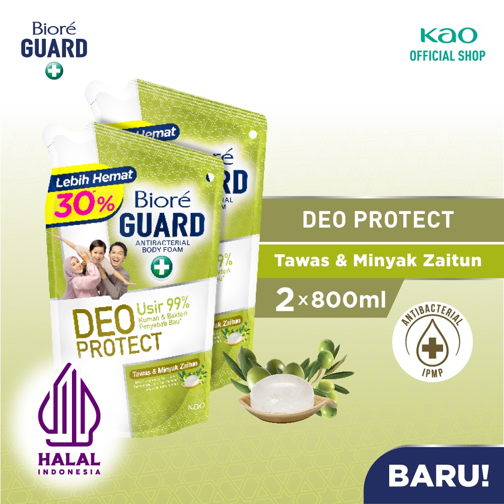 Biore Guard Deo Protect Sabun Mandi Cair Anti Bakteri Halal Tawas & Minyak Zaitun Pouch 800ml Twin P