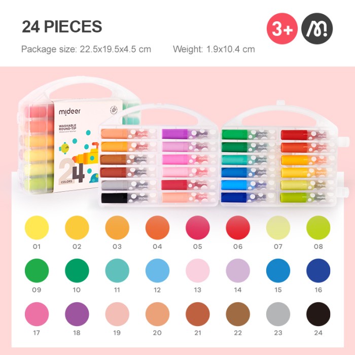 

Andma Mideer Washable Water Color Marker Spidol Cat Air Warna Warni Anak Set - RoundTip 24 pcs