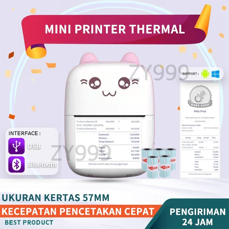 Printer Mini Thermal Printer Bluetooth Portable Tanpa Tinta Printer Cute Label Receipt Barcode Print