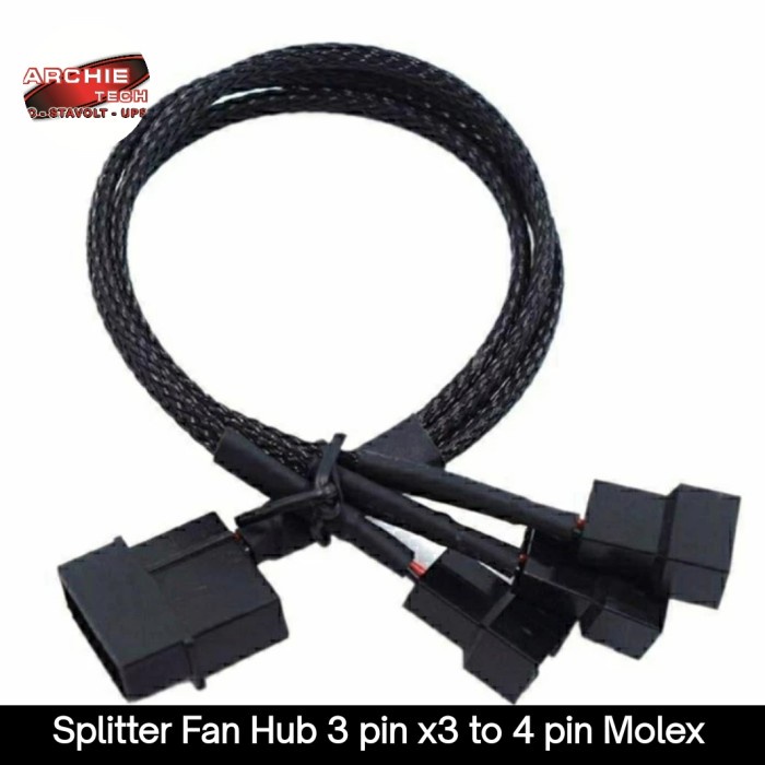 Kabel Splitter Fan Hub 3 pin x3 to 4 pin Molex Fan Case Kipas Casing