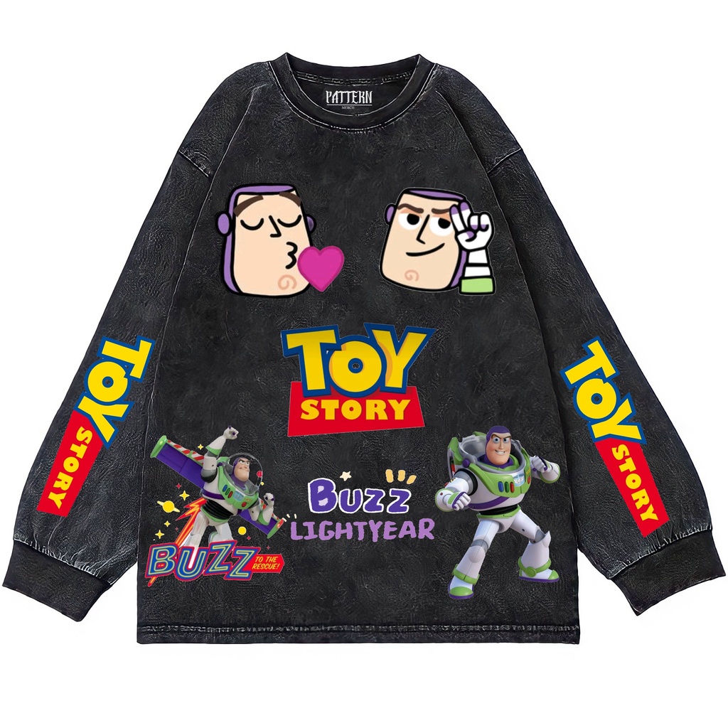 Patternmerch Kaos Oversize Longsleeve Stone Black Washed Toy Story Buzz Lightyear Vintage Unisex Gra