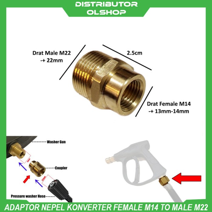 Sambungan Nepel Female M14 To Male M22 Adaptor Konverter Jet Cleaner