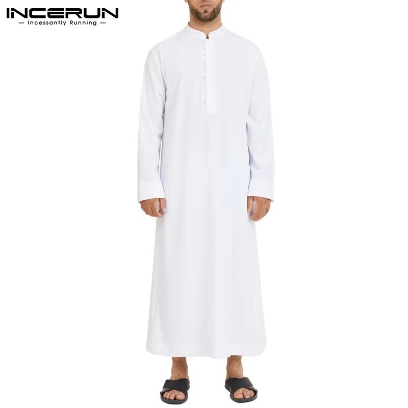 Muslim Men Jubba Thobe Long Sleeve Solid Color Breathable Robes 2023 Stand Collar Islamic Arabic Kaf
