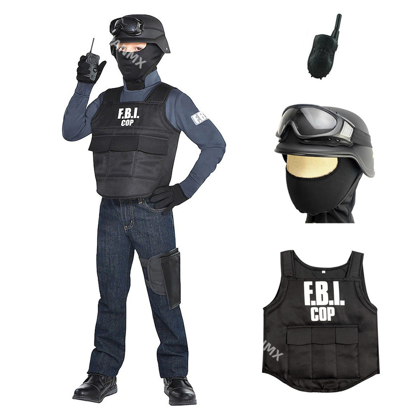 FBI Special Agent Uniform Bulletproof Vest Outfits Police Cosplay Fancy Halloween Costume for Kids C