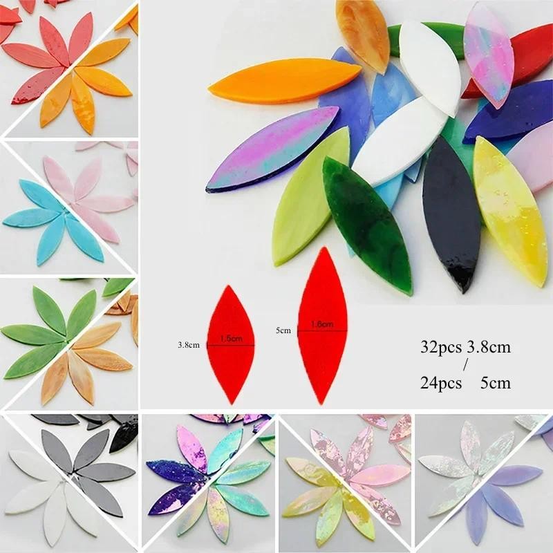 

80g/2.82oz 32pcs/24pcs Leaf Shaped Petal Stained Mosaic Tiles Oval Translucent Mica Glass DIY Handmade Art Craft Decoration