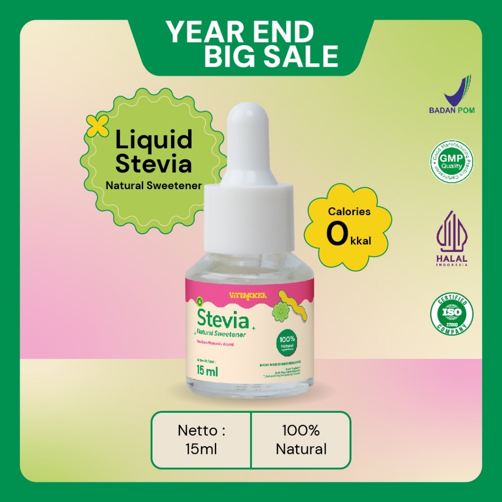 

Vitmaker Liquid Stevia Pemanis Alami (pengganti gula dengan 0 calorie) 15ML & 5ML HALAL DAN BPOM