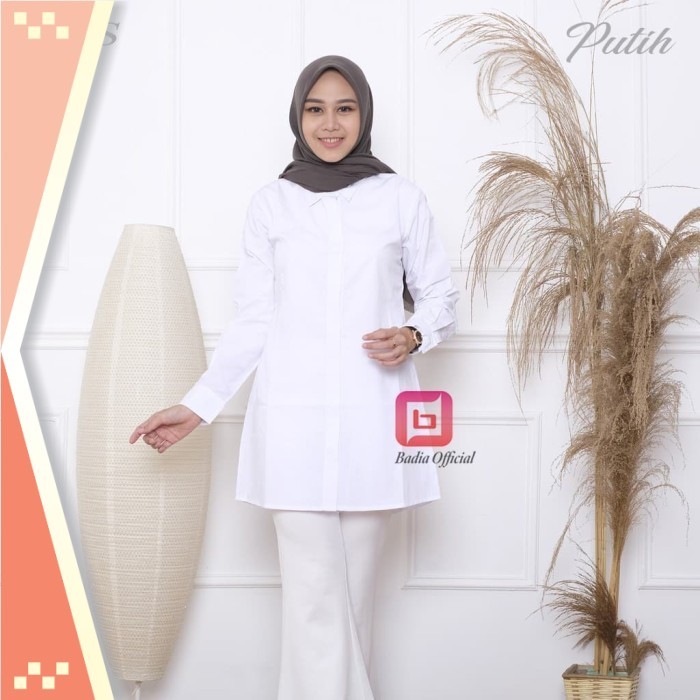 Tunik Premium Korean Style /kemeja tunik putih polos panjang kancing nututupi pantat bokong wanita -