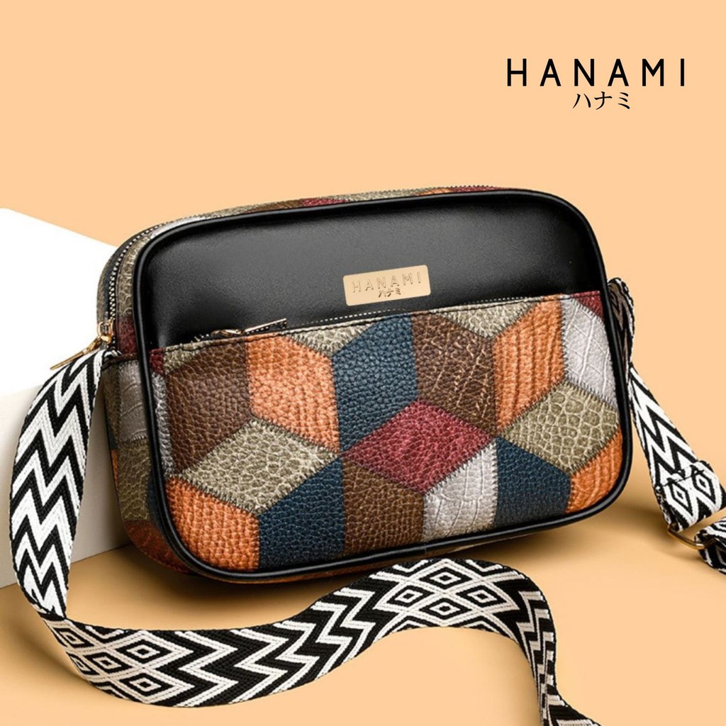 HANAMI Tas Selempang Wanita Kekinian Elegan Branded Cantik Motif Kulit TA1014B5 Hitam Gicara Simple