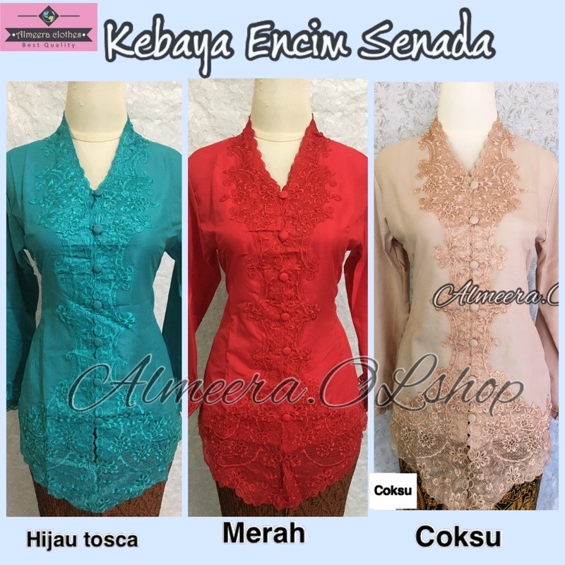 LURIK kebaya encim warna coksu , merah , hijau tosca , mocca , abu-abu , dan magenta bordir senada M