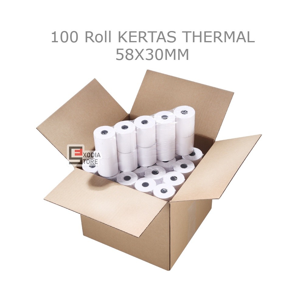 

Paket Kertas Thermal 58mm ukuran 58x30mm isi 100Roll / 1 Dus Receipt Struk Thermal Paper 58 mm size 58x30mm 100 Roll