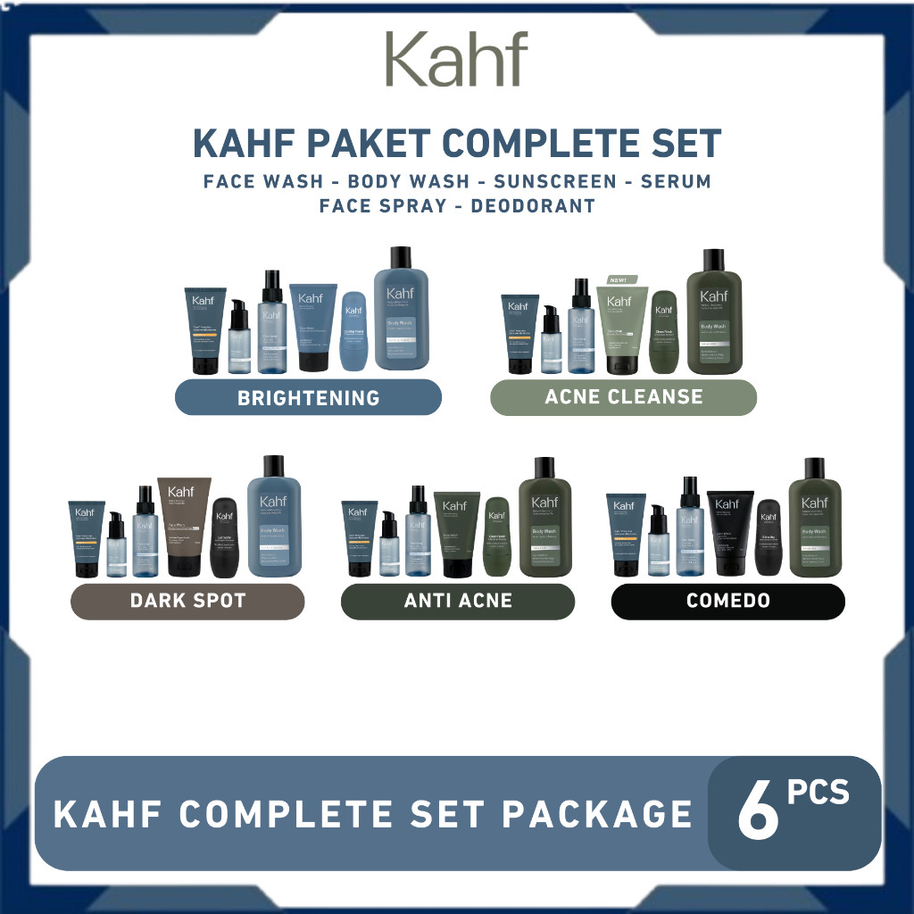 Paket Kahf 6in1 - Paket Pria Sabun Muka, Sabun Mandi, Sunscreen, Serum Wajah, Spray Wajah, Deodorant