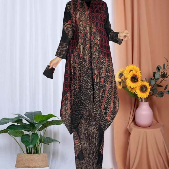 SETELAN ROK BATIK VISCOSE | SETELAN ROK SEMI SUTRA - merah hitam, all size