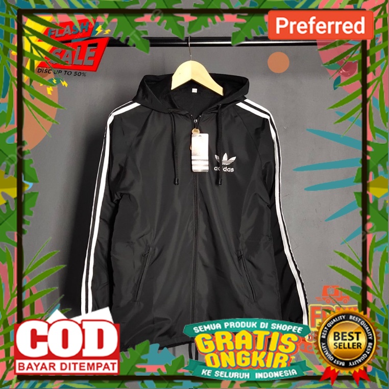 SUPER BIG PROMO /OUTFIT TERBARU NEW STYLE //Jaket Pria Parasut Adidas Windbteaker Hitam List Putih X