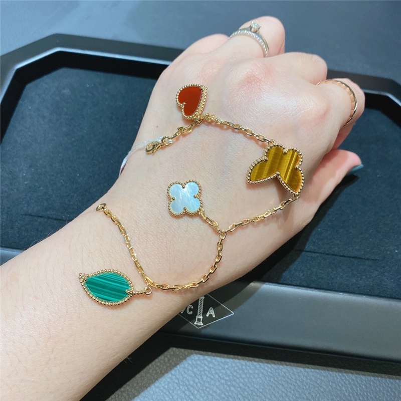 Van Cleef Gold White Fritillaria Four Leaf Grass Butterfly Love Bracelet