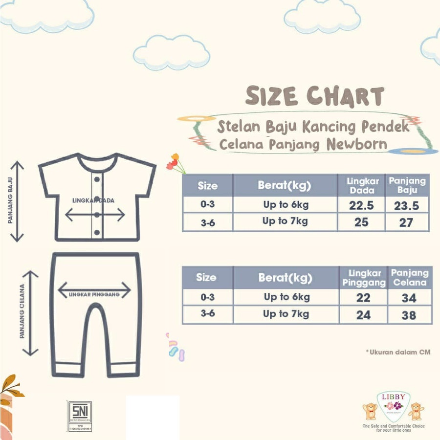 Setelan Baju Pendek Celana Panjang NB 0-3 dan 3-6 Bayi Libby