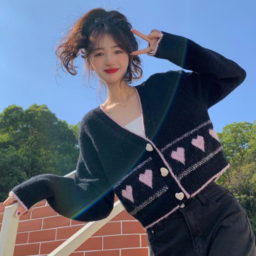 Cardigan Wanita Korean Style motif Love Sweater Baju Rajut Wol 018 Cantik Elegan Lengan Panjang Santai Wol Rajut V-Neck Hitam Pink Blue