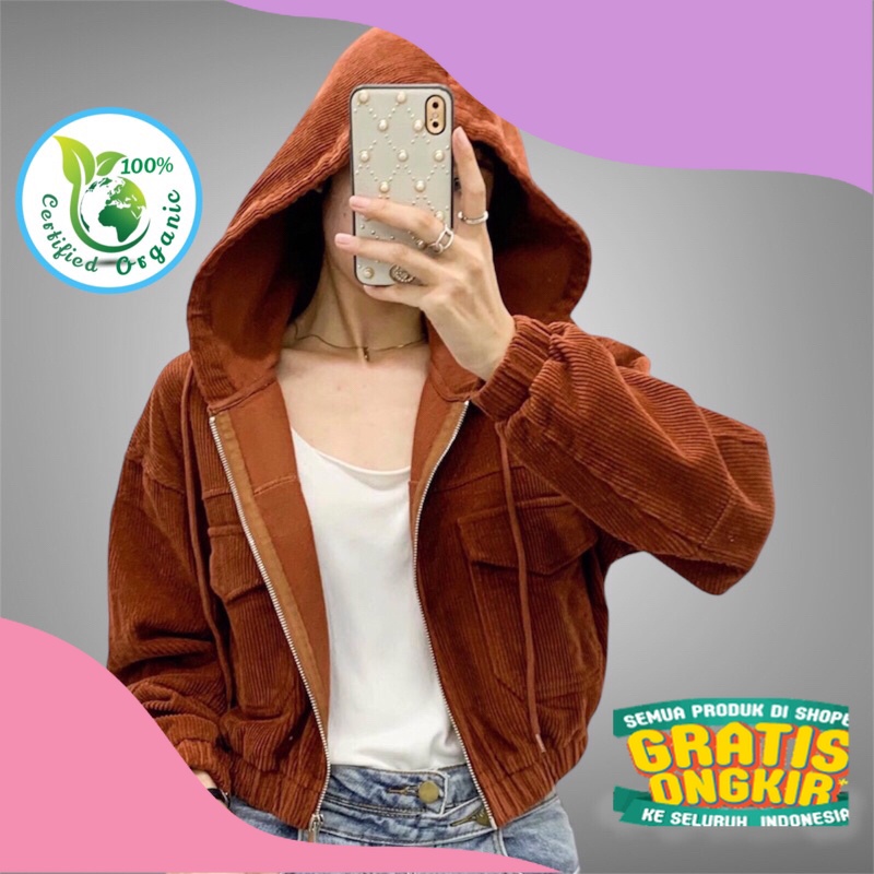 Jaket Wanita Vintage Jacket Corduroy Hight Waist Cropped Hooded Top | Jaket Korduroi | Jaket Wanita 