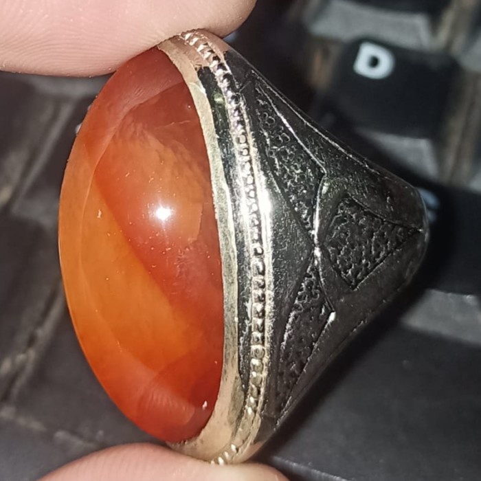 Cincin Batu Akik Pandan Semu Nanas Kapas Sutra Merah Lumut Oli Antik56