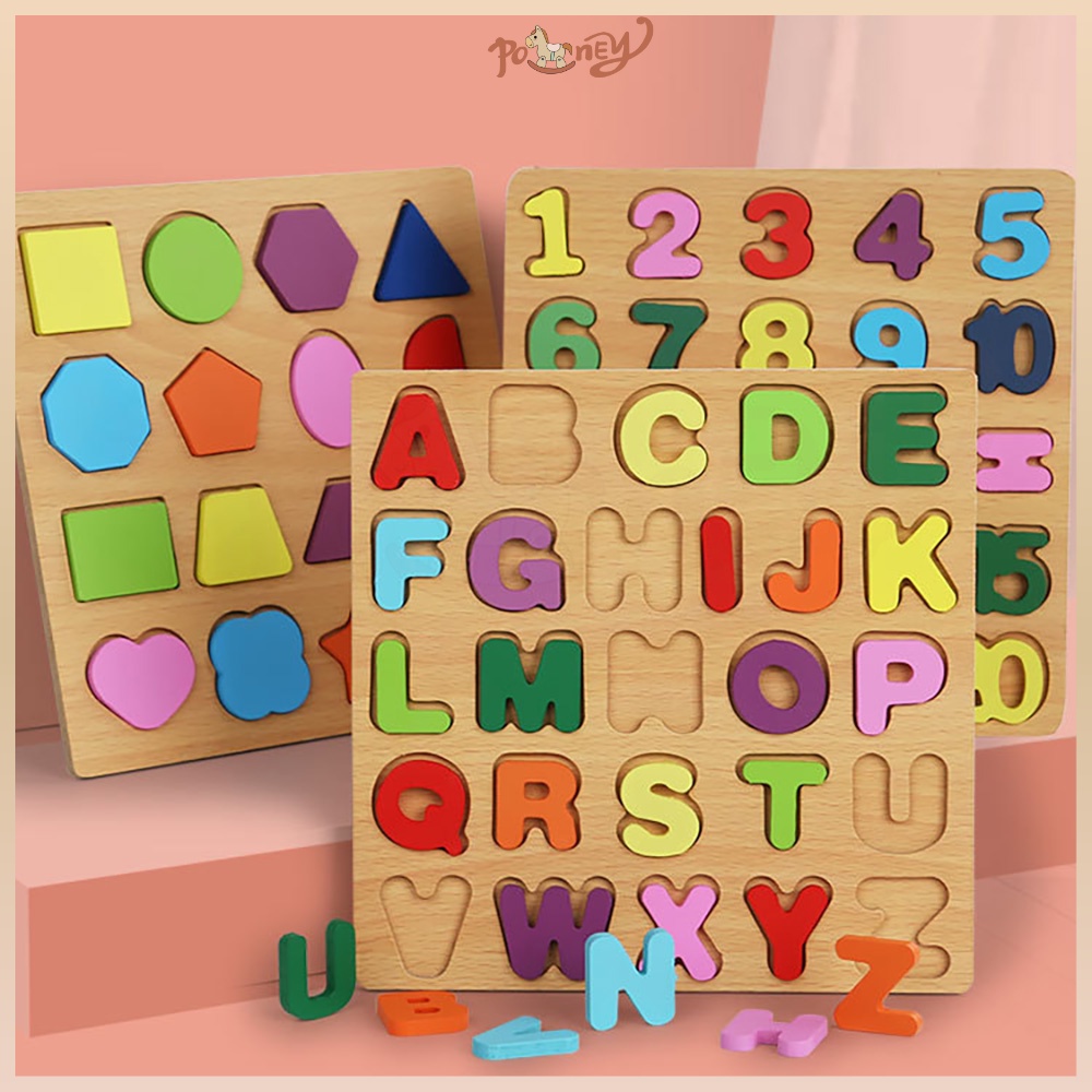 Poney 3PCS Puzzle huruf dan angka Puzzle alphabet Puzzle kayu 3D