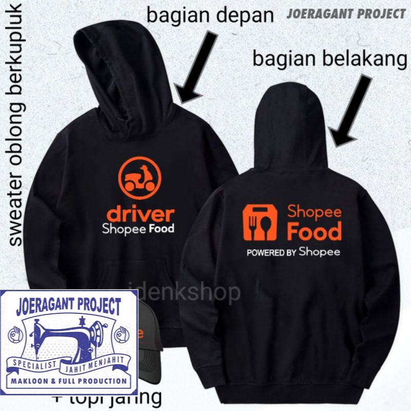 Hoodie oblong kupluk ,driver food ( pengantar makanan ) bahan cotton fleece tebal + topi jaring JP