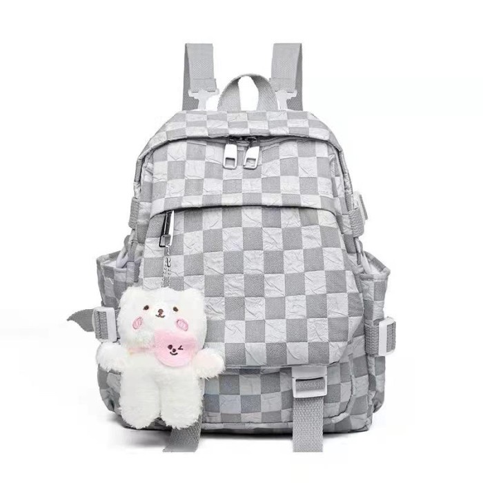 Tas Ransel Wanita Kecil Import Korea Backpack Remaja Motif Kotak - Grey