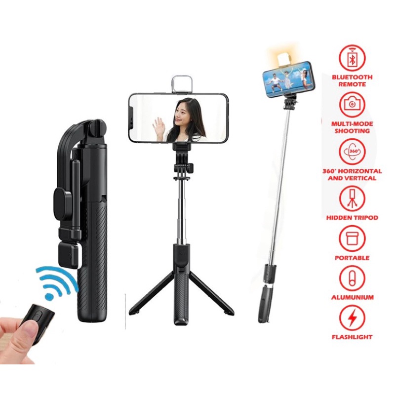 [366SP] Tongsis Selfie Tripod Lampu LED Bluetooth 4 In 1 dengan remote control/ Selfie Stick R1S Por