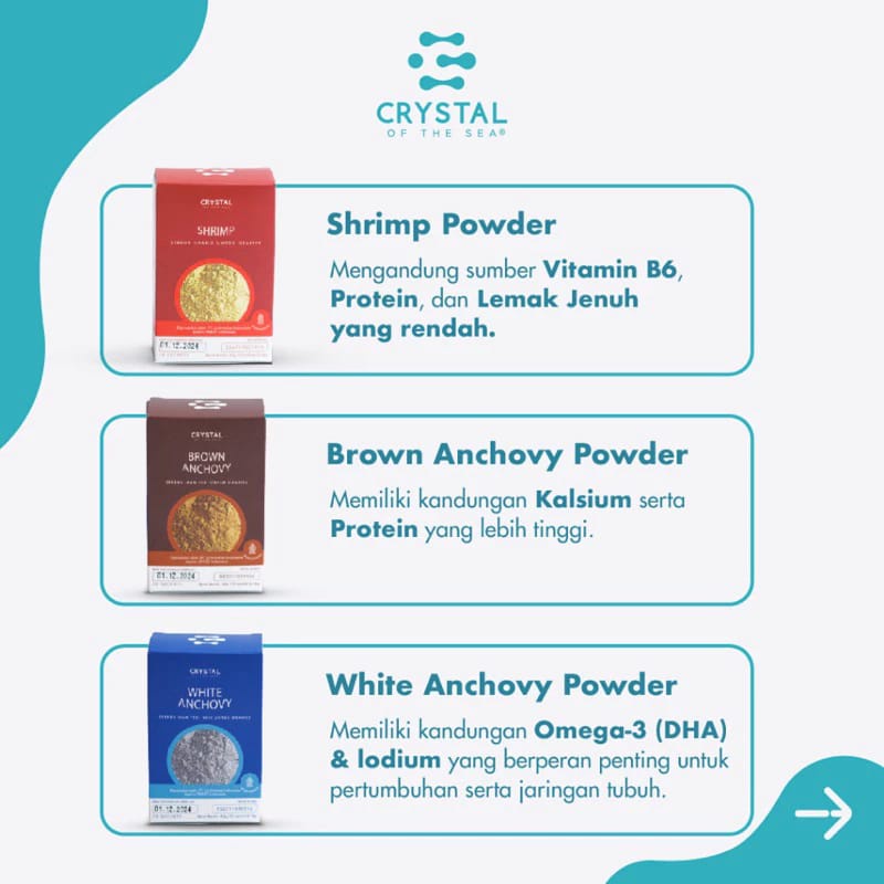 

Sachet Crystal of The Sea Anchovy Shrimp Powder Sachet 4 g | Bubuk Ikan Teri Nasi dan Udang MPASI 6+