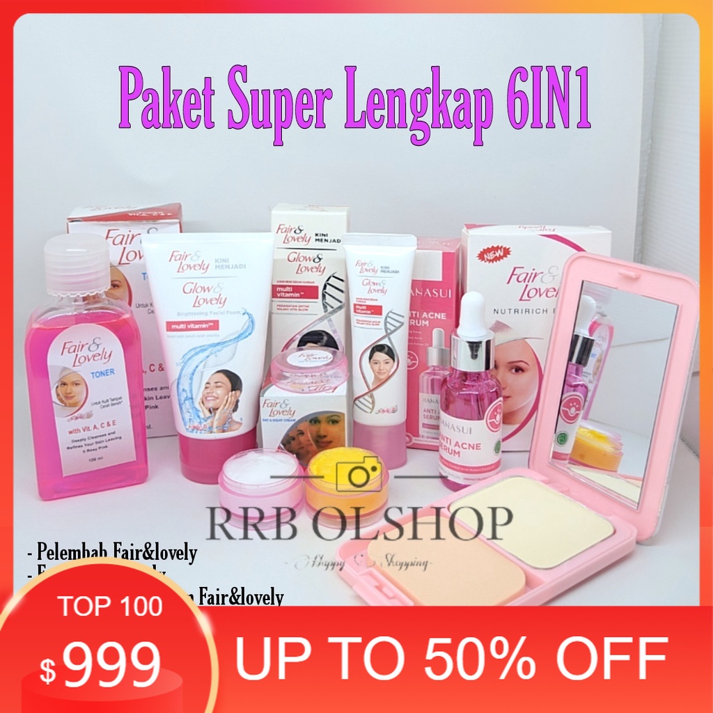 Paket Super Kumplit Fair And Lovely 6in1 Plus Serum Hanasui Anti Acne ( Facial Foam - Pelembab - Cre