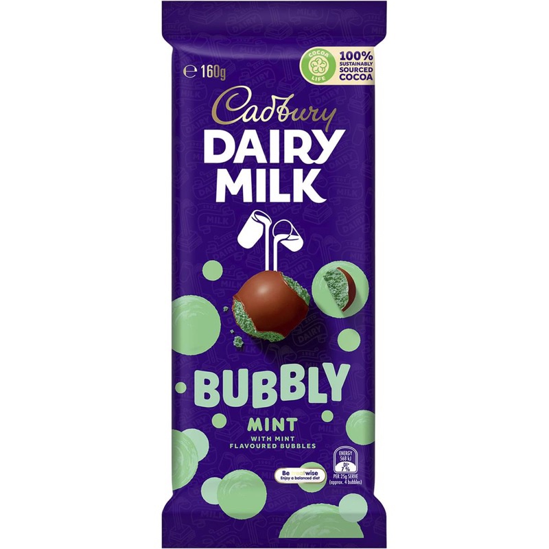 

Cadbury Dairy Milk Bubbly Mint Chocolate Block 160g - Australia