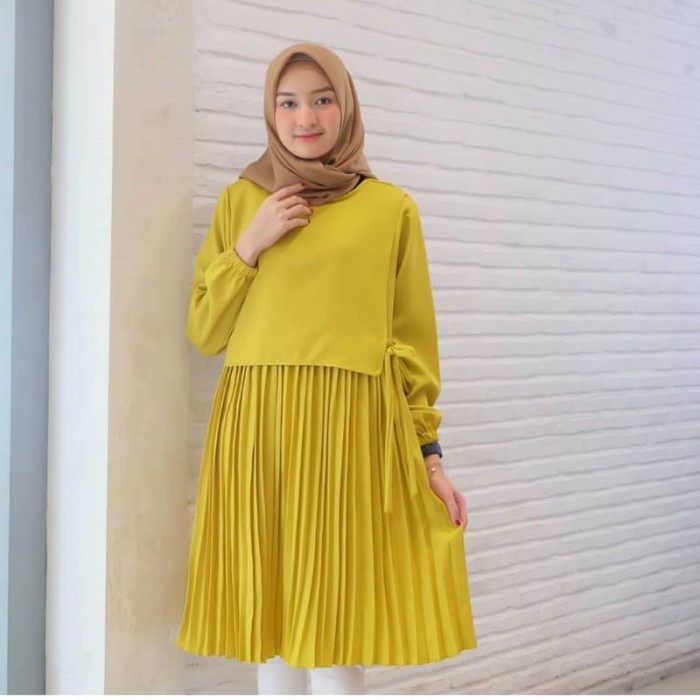 INEZ- Baju Tunik Plisket Rempel Warna Polos Kuning Lemon - HIJAB POLOS AJA, All Size