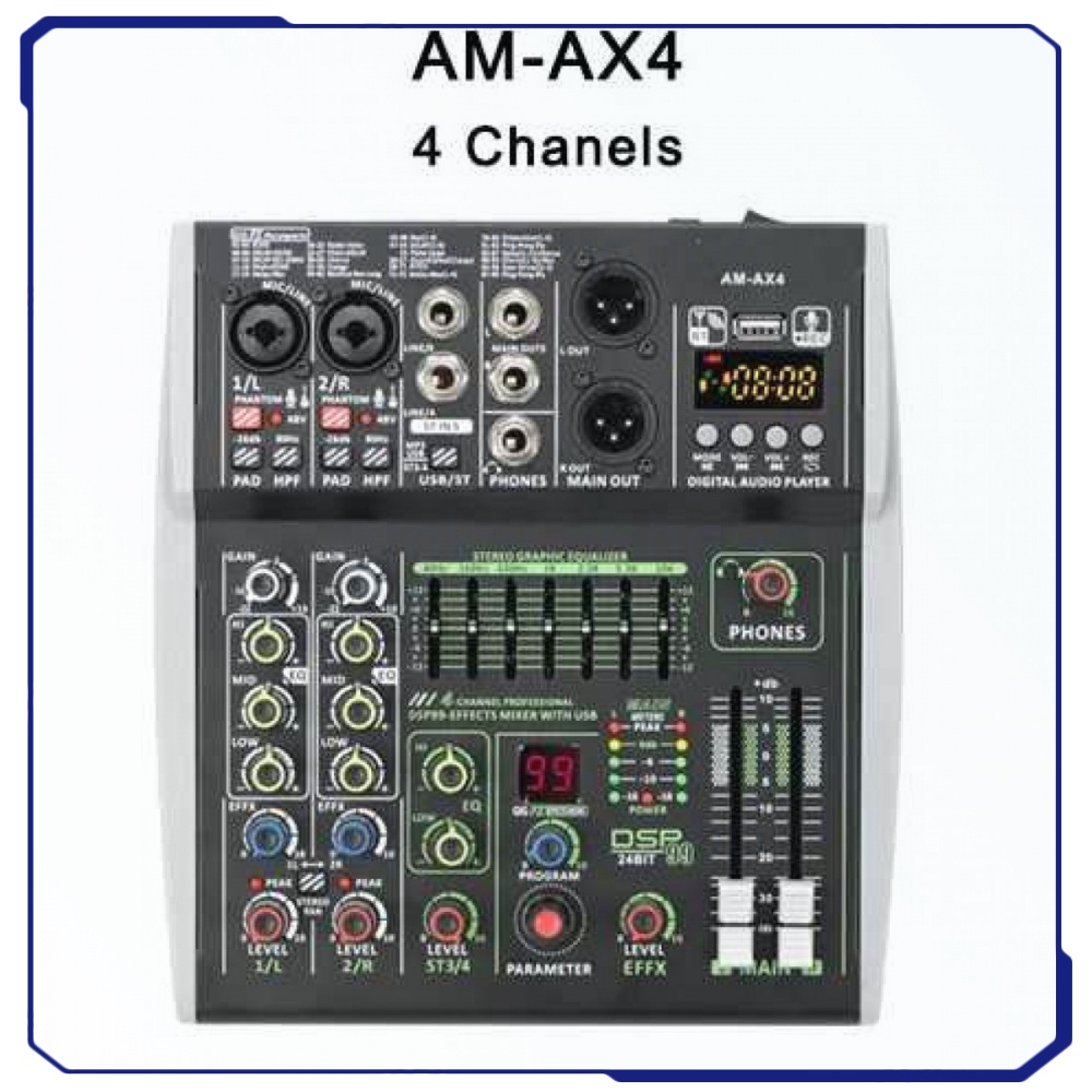 Mixer Audio Digital 4 Channel DSP 99 Effects Bluetooth - AM-AX4