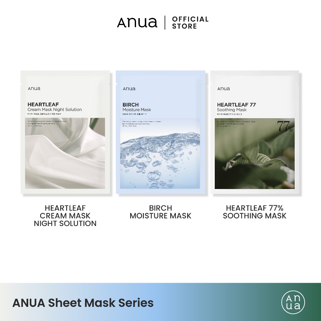 ANUA Sheet Mask Series (Heartleaf Cream Mask Night Solution , Heartleaf 77% Soothing Sheet Mask, Bir