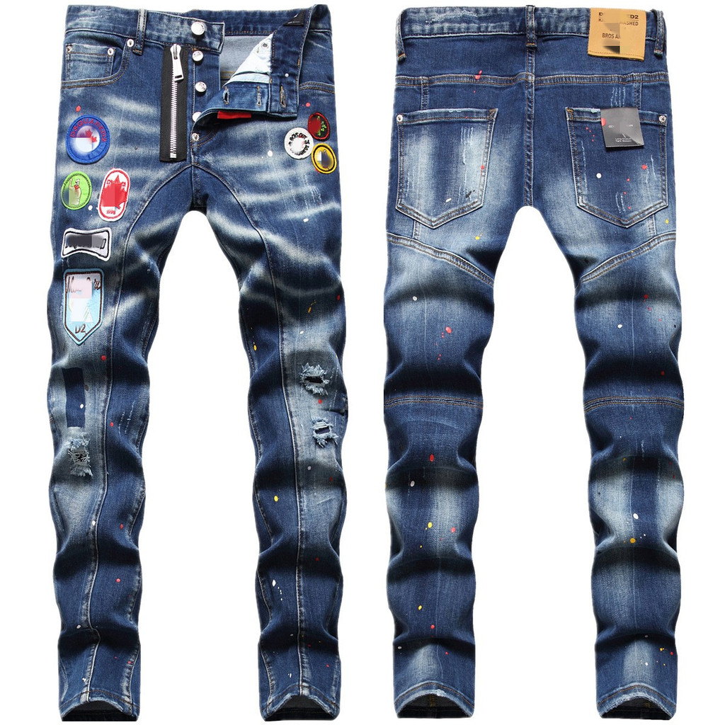 European and American fashion badge embroidery stretch hole hand-painted small straight leg jeans fo