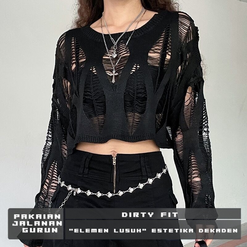 Modis Ripped knit knitwear robek baju jaring lengan bolong bolong wanita crop top lengan panjang y2k