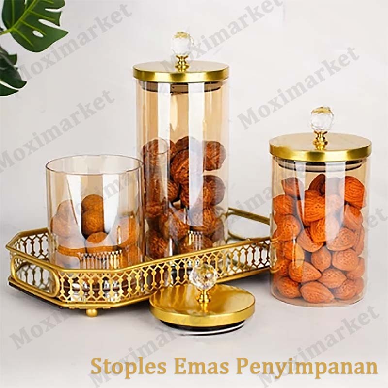 Toples Kaca Transparan Penyimpanan Makanan Glass Storage Jar Tutup Kayu Toples Gold Penyimpanan Maka