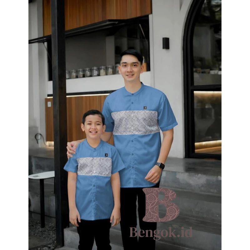 Baju Koko lengan pendek Couple motif kombinasi batik warna hitam  Couple Ayah dan Anak premium warna