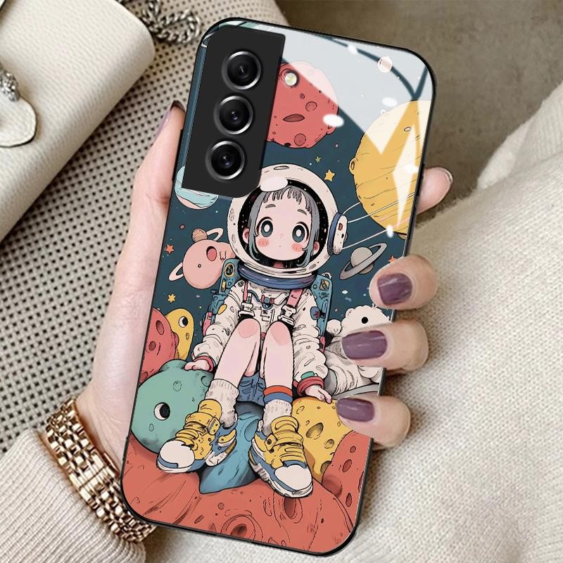 Tempered Glass Case For Samsung S21 FE 5G S21 5G S21 Plus S21 Ultra Silicon Back Kartun Anya Hard Ca