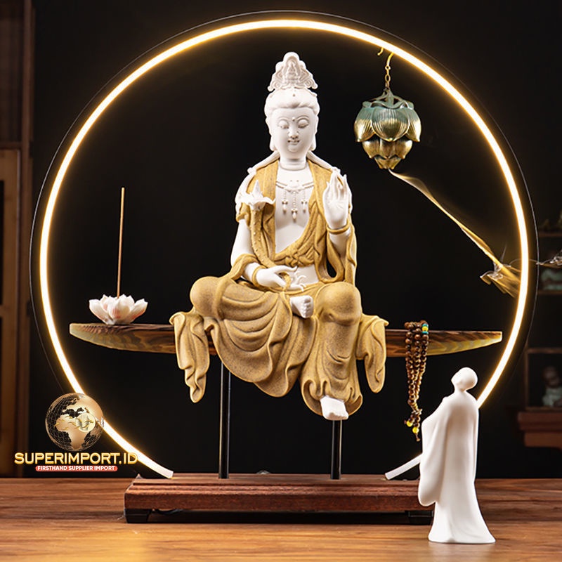Superimport.id LED Kwan Im Keramik Lotus Zen Pembakar Dupa Aliran Skala Besar Zen Ornamen Guanyin Te