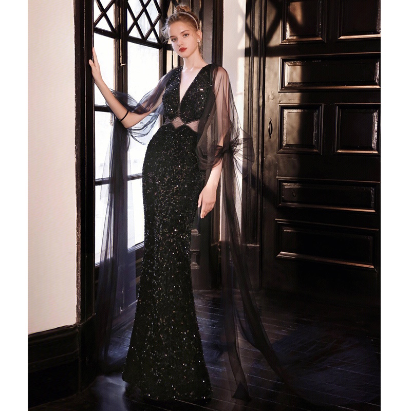 Gaun Malam Nama Besar Eropa dan Amerika Rok Gaun Pertemuan Tahunan Tuan Rumah Payet Ekor Ikan Hitam 