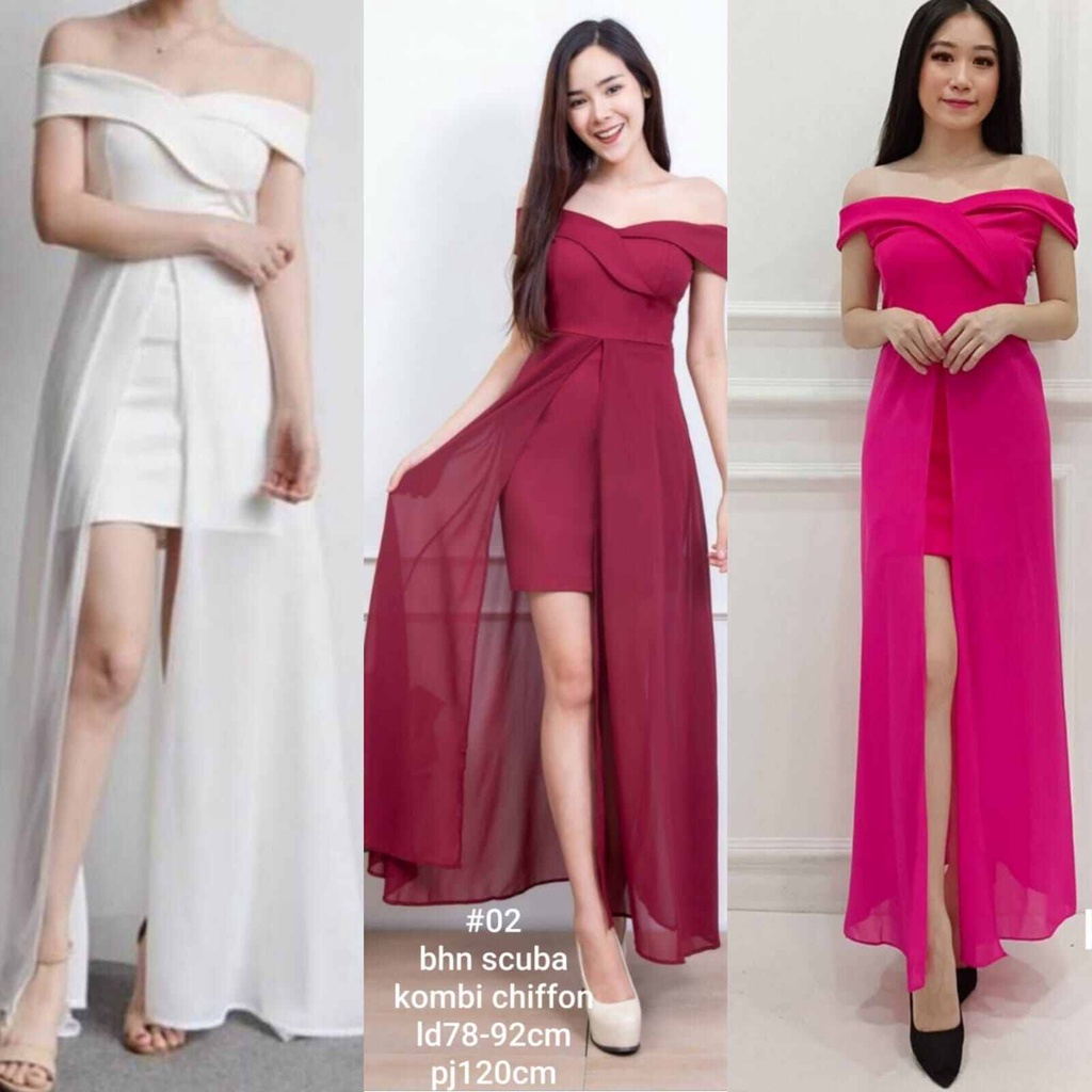 DRESS EKOR SABRINA SCUBA KOMBINASI CERUTY IMPORT WEDING PESTA