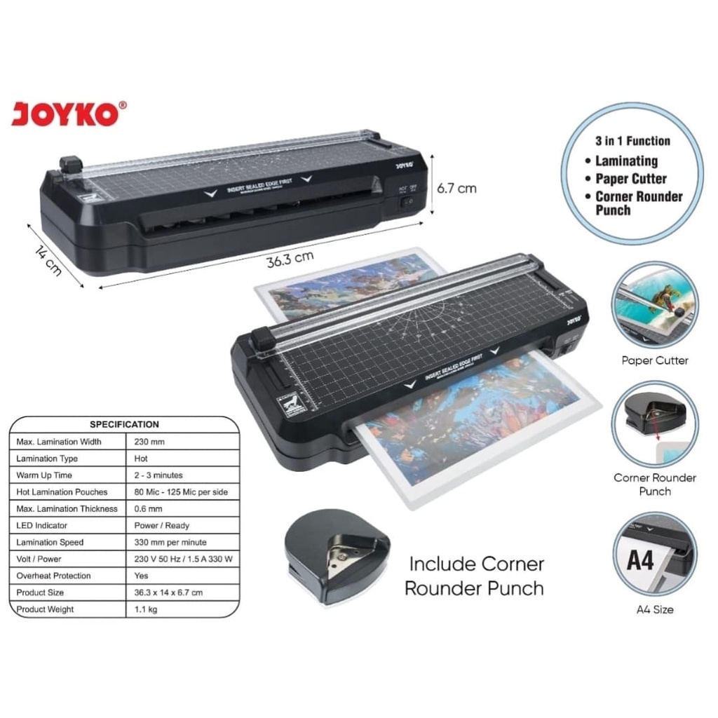 

HenJO MESIN LAMINATING 3 Fungsi JOYKO LM06 / LAMINATOR , PAPER CUTTER & CORNER ROUNDER PUCH LM-06