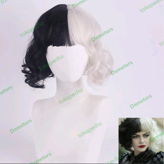 Wig cruella de vil de-vil rambut palsu disney dalmation hitam putih