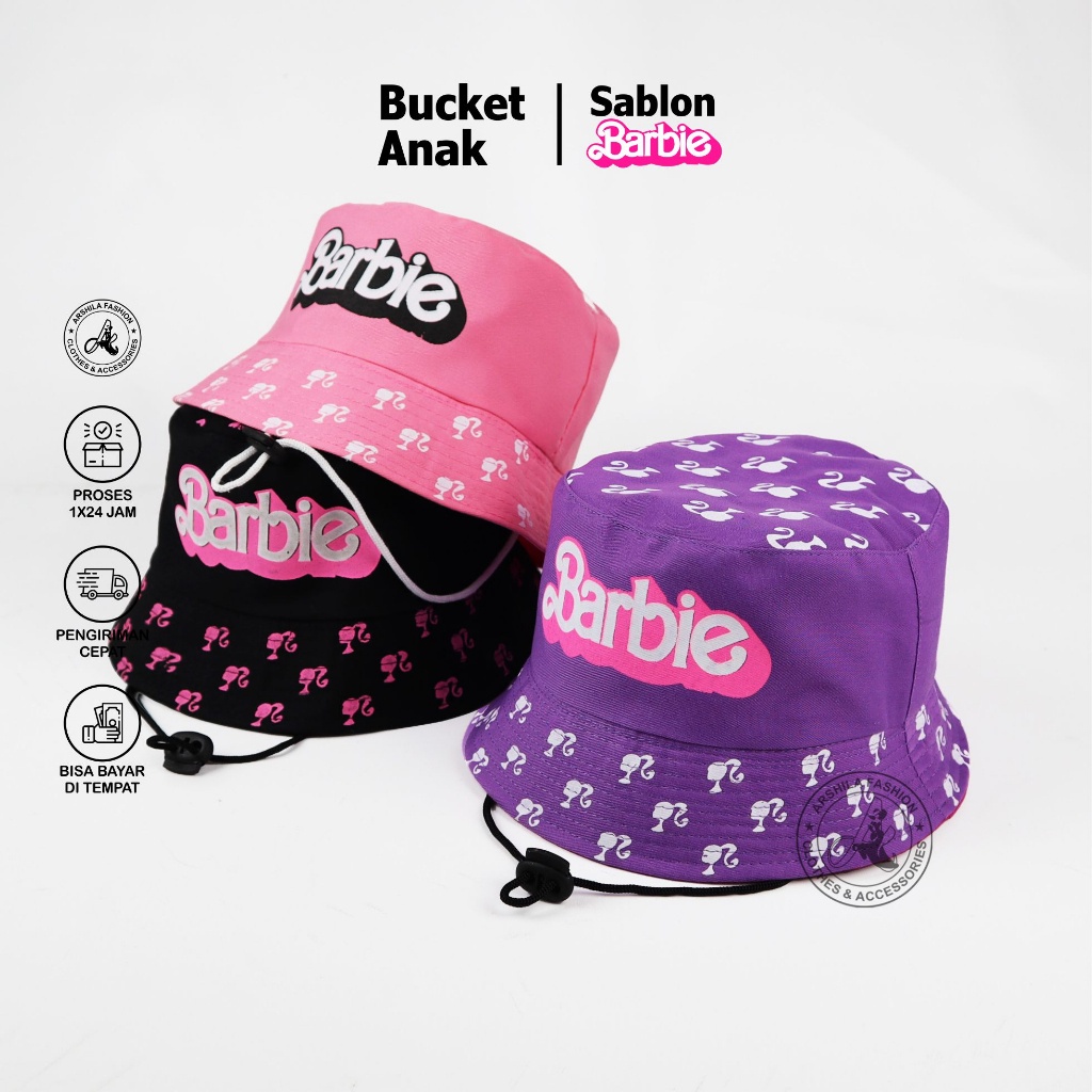 Topi bucket Anak Perempuan sablon BarBie Makassar terbaru termurah