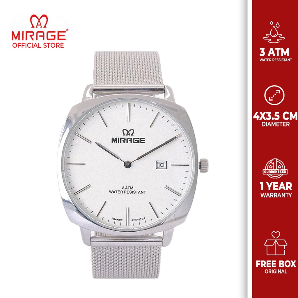 Mirage Jam Tangan Analog Pria Original Miragewatch 8720 M Silver Kasual Anti Karat Pasir Stainless