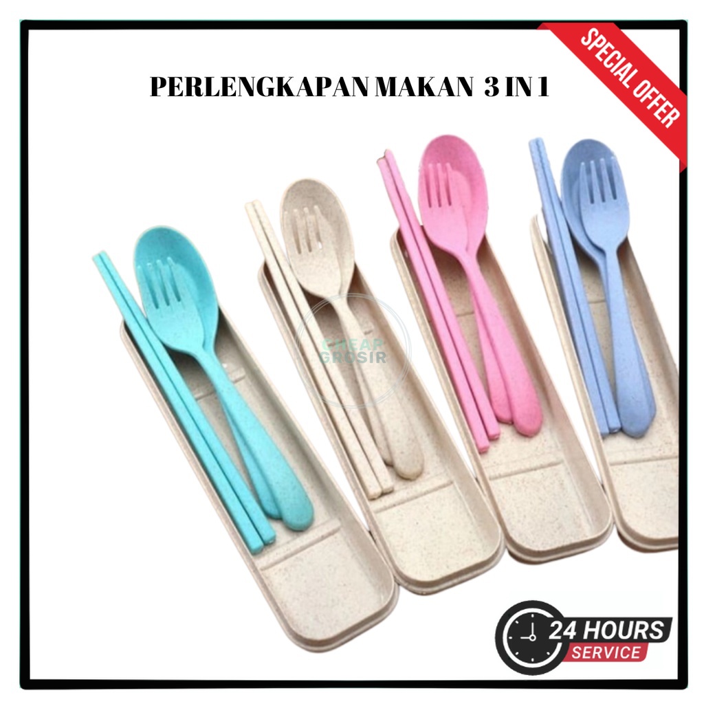Sendok 3 in 1 Sendok Garpu Sumpit Polos Set 3 in 1 Perlengkapan Makan simple | COD Makassar