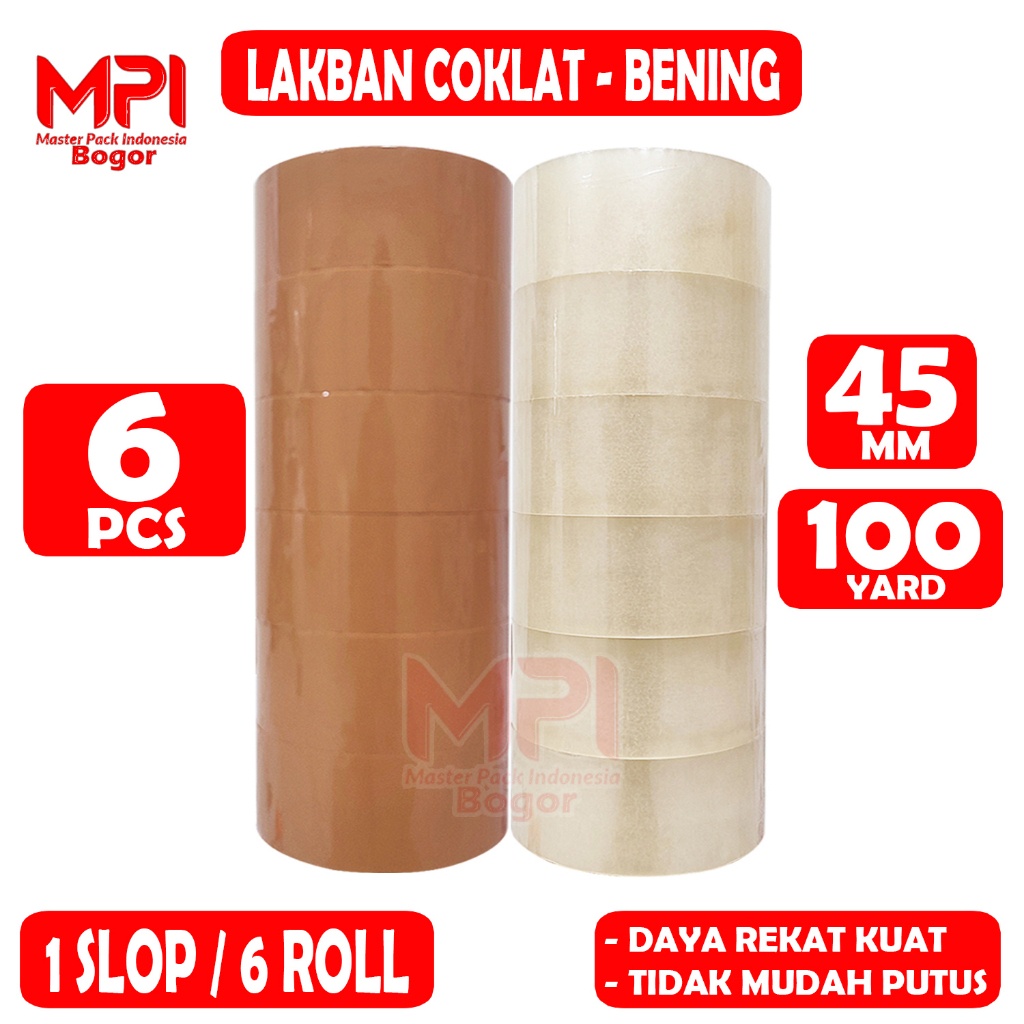 

1 SLOP ( 6 PCS ) - Lakban Coklat - Lakban Bening MPI 45 mm x 100 yard / Lakban Packing - Master Pack Indonesia